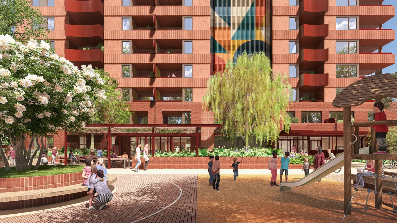 Artist impression of the proposed building and outdoor open space facing west