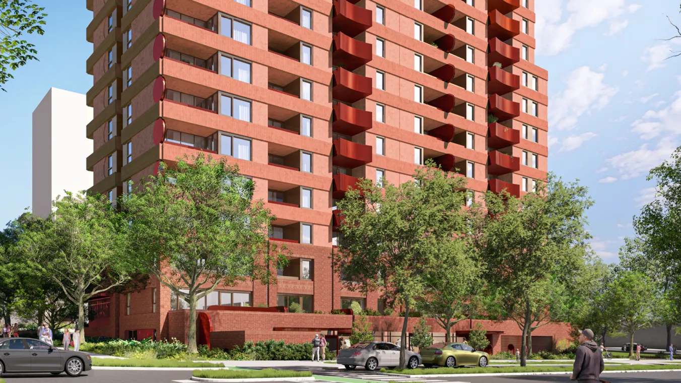 Artist impression of the proposed building facing east from the corner of Dorcas and Moray Streets