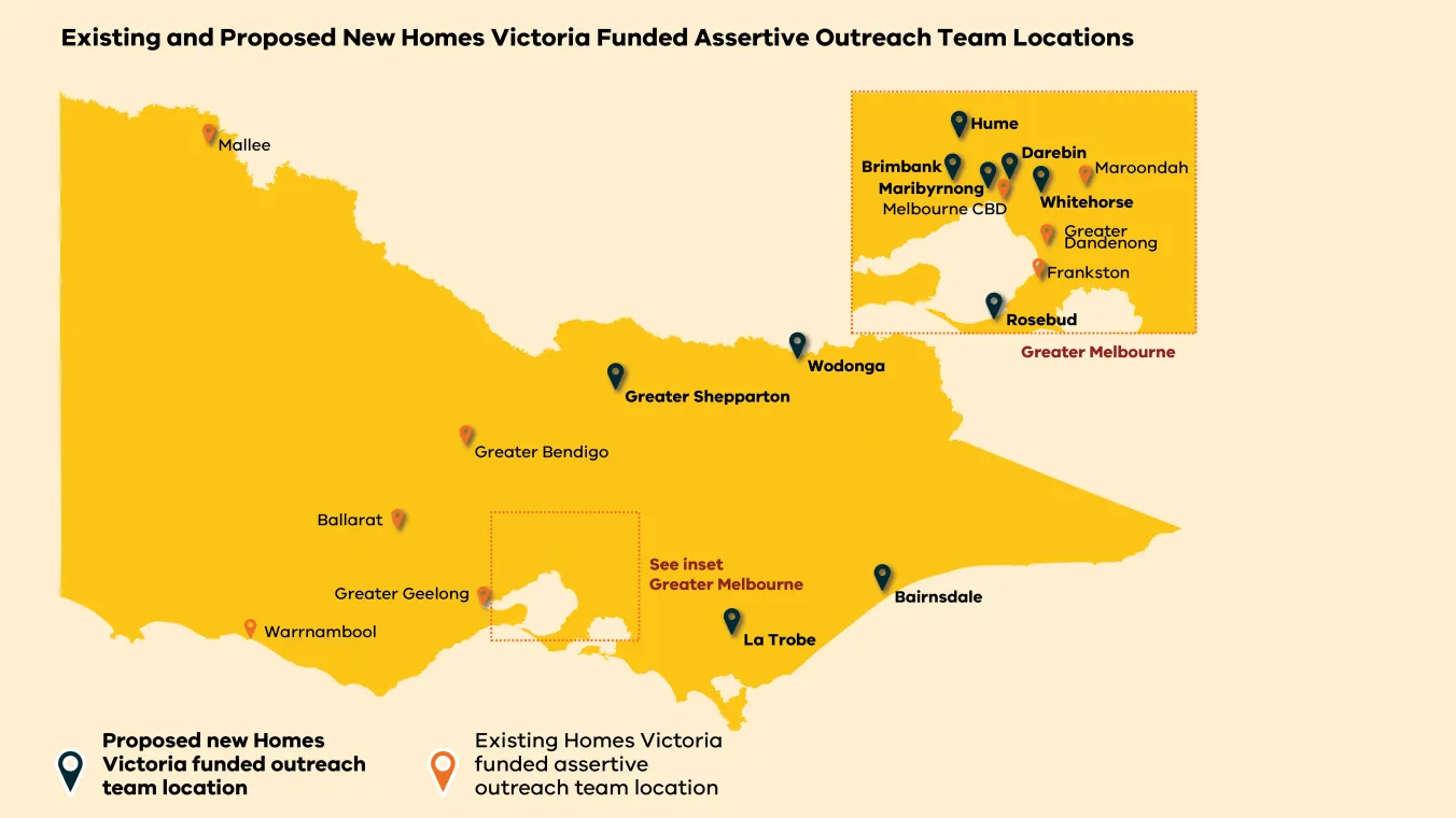 Map of Victoria showing the existing and proposed new Homes Victoria funded assertive outreach team locations.