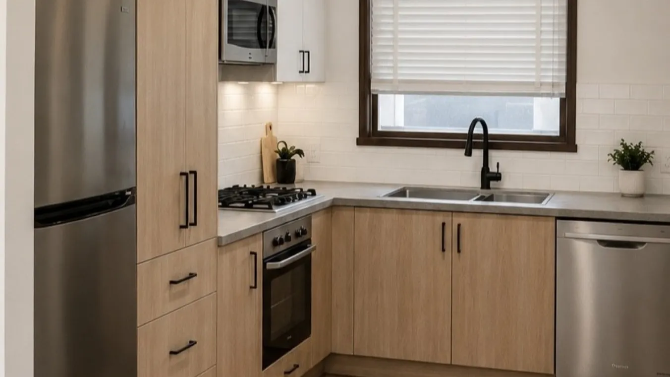 Newly renovated kitchen with updated flooring, kitchen cabinets, gas cooktop, oven, dishwasher, sink, pantry and dedicated space for a fridge.